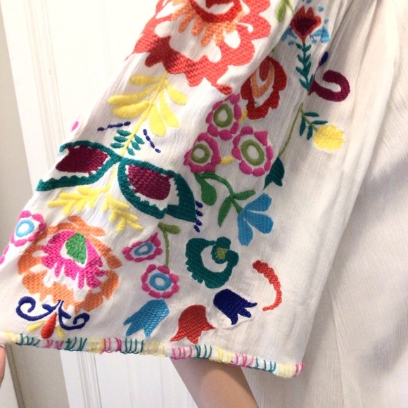 Judith March Boho Ivory Crinkle Floral Embroidered Half Sleeve Tunic Top Size L - Picture 5 of 9